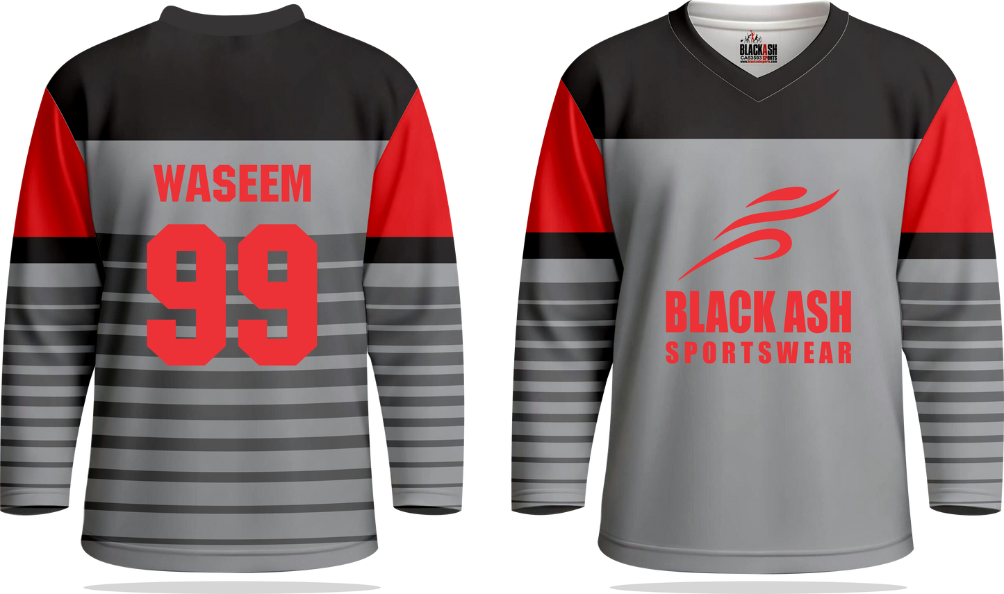 Custom Gray sports jersey with red and black accents, featuring 'Waseem 99' and 'Black Ash Sportswear' branding. You can switch these out for your player name and team name!